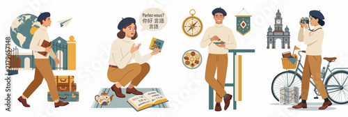 Set of flat vector illustrations depicting young people traveling, learning foreign languages, experiencing different cultures, and documenting their adventures.