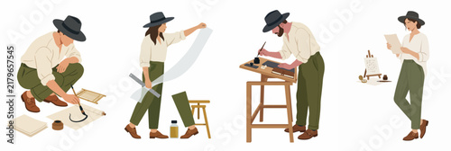 Set of flat illustrations featuring characters in vintage attire engaged in architectural and artistic activities like sketching, drawing, and reviewing plans.