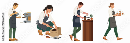 Flat Vector Illustration Set of Professional Baristas Preparing, Brewing, and Serving Coffee in a Modern Cafe Environment