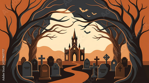 Spooky pixel art landscape featuring a haunted castle graveyard and silhouetted trees