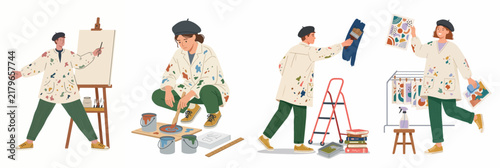 Vector illustration set of a female artist in various poses, painting on an easel, mixing colors, and showcasing her creative work in a studio.