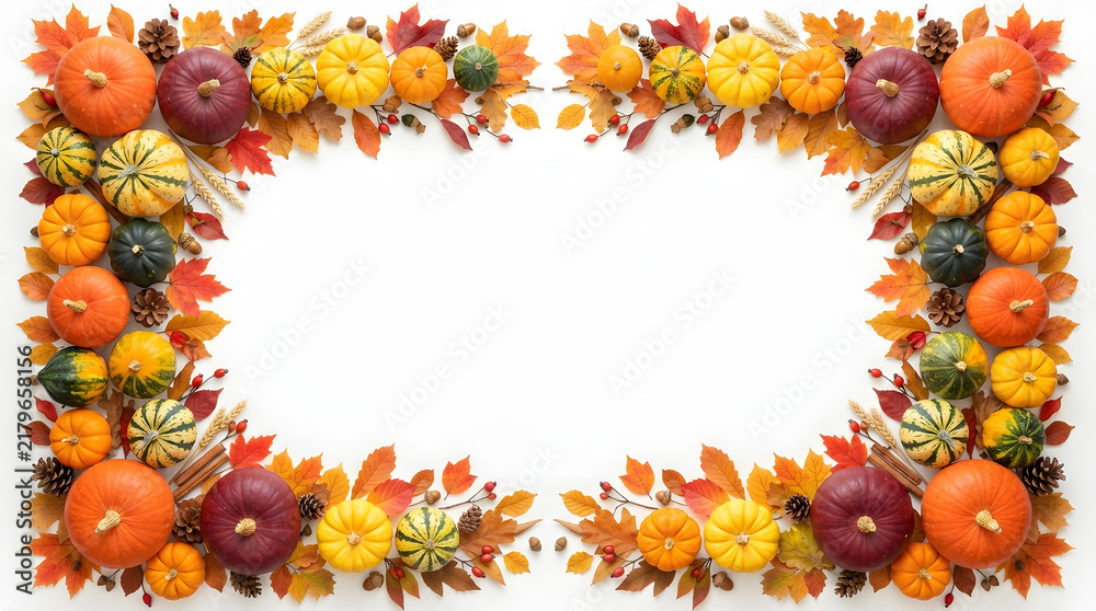 Fototapeta premium Autumn harvest arrangement with colorful pumpkins gourds and maple leaves forming a decorative frame on a white background
