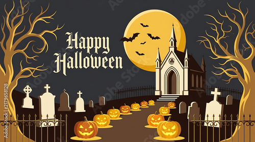 Spooky halloween scene with haunted house pumpkins graveyard and a full moon illustration