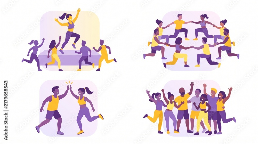 Fototapeta premium Group Fitness Class Community Workout Flat Vector Icon Set