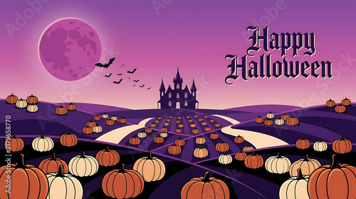 Spooky halloween landscape with pumpkin patch silhouetted against a full moon and castle