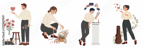 Collection of Romantic Character Illustrations Featuring Young Men and Women with Love Themes, Flowers, Gifts, and Hobbies for Valentine's Day Designs