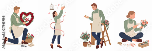Professional Florists and Gardeners Arranging Flower Bouquets, Wreaths, and Plants in a Flat Illustration Style