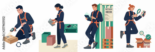 A set of flat vector illustrations showing logistics warehouse workers performing various tasks such as scanning, inventory checking, and quality control on parcels.