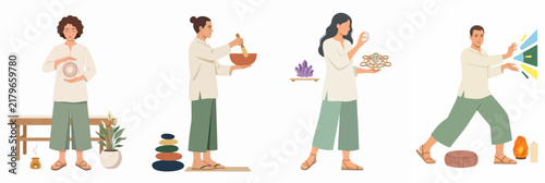 Vector illustration set of diverse people practicing alternative healing methods like reiki, sound therapy, and energy work for holistic wellness and mindfulness.