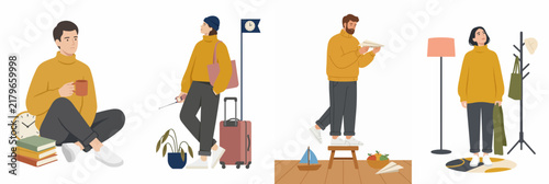 Set of flat vector illustrations depicting people in various daily life activities such as reading, traveling, and relaxing, with a consistent yellow theme.