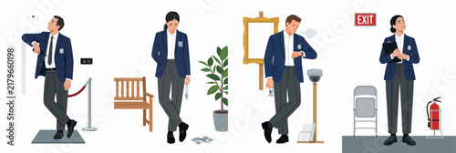 Collection of illustrations featuring museum security guards in various poses, showing different emotions like boredom and alertness while on duty in a gallery setting.