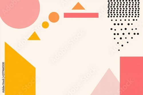 Abstract Geometric Composition: A vibrant and dynamic abstract composition featuring a playful arrangement of geometric shapes like circles, triangles, and rectangles in a soft, pastel color palette.