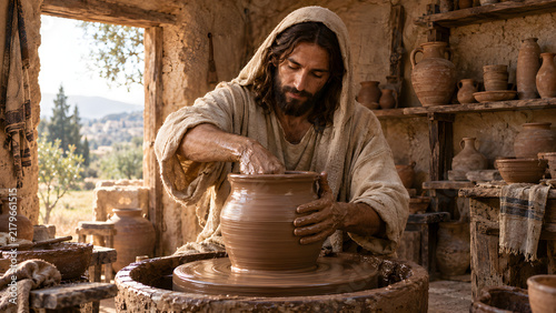 Jesus christ working as a potter at a wheel in a rustic workshop, shaping clay into a vessel with focused hands