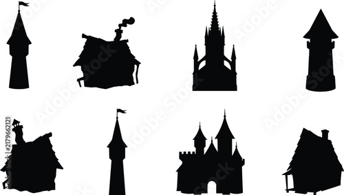 Spooky Halloween Castle Silhouette Set Fantasy Fortress Crooked House Spire Vector Pack