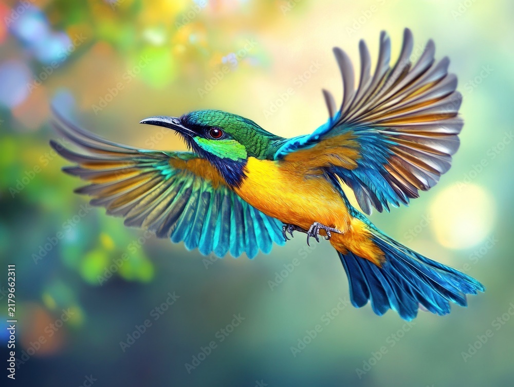 Fototapeta premium Vibrant bird in flight, vivid colors