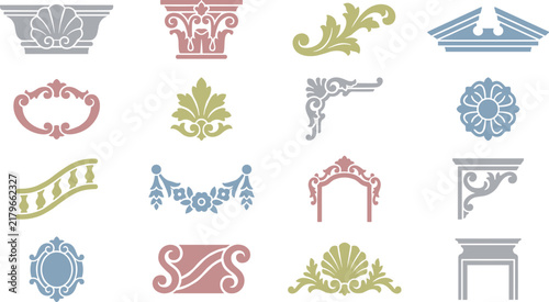 Architectural decorative elements like columns arches and scrolls in pastel colors.