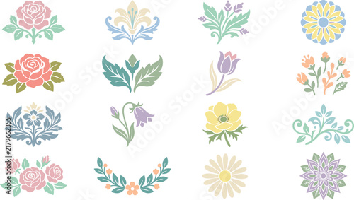 Botanical flower collection roses lilies daisies floral arrangements spring garden decor.