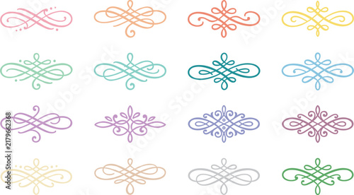 Collection of elegant vintage calligraphic dividers in various soft pastel color tones.