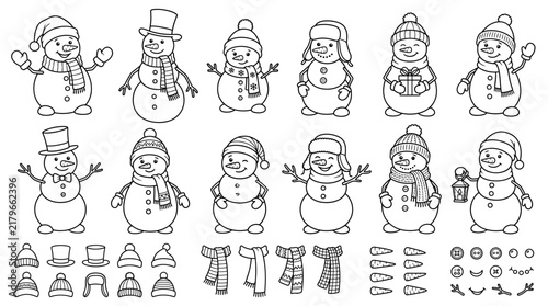 Fotografía Snowman set, winter illustration, holiday character template, scalar graphics elements, festival design