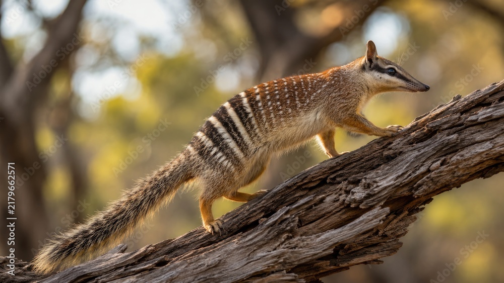 Fototapeta premium Numbat (banded anteater) walking along a tree branch in sunlit Australian bushland