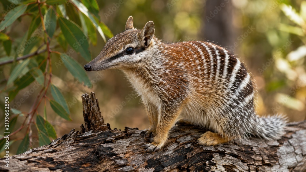 Obraz premium Numbat (banded anteater) perched on a fallen log in eucalyptus bushland, detailed striped fur and long snout