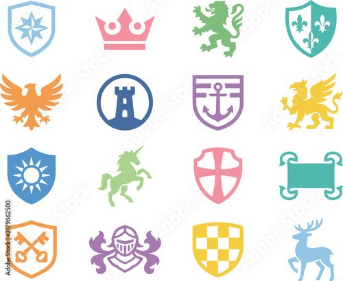 Heraldic shield icons featuring knight helmet lion crown and animal silhouette crest symbols.