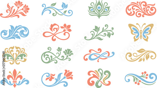 Ornamental scroll dividers in pastel tones for wedding cards and elegant vintage layouts.