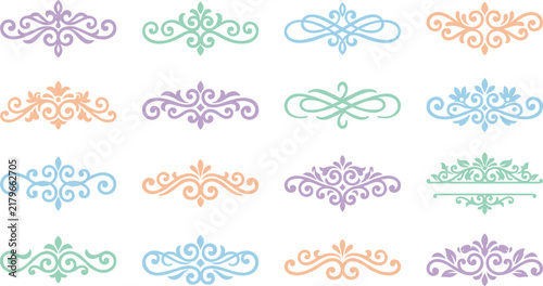 Symmetrical calligraphy scroll dividers in pastel hues for invitation cards and borders.