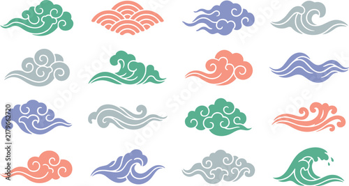 Traditional asian style cloud and wave patterns in soft aesthetic pastel color palette.