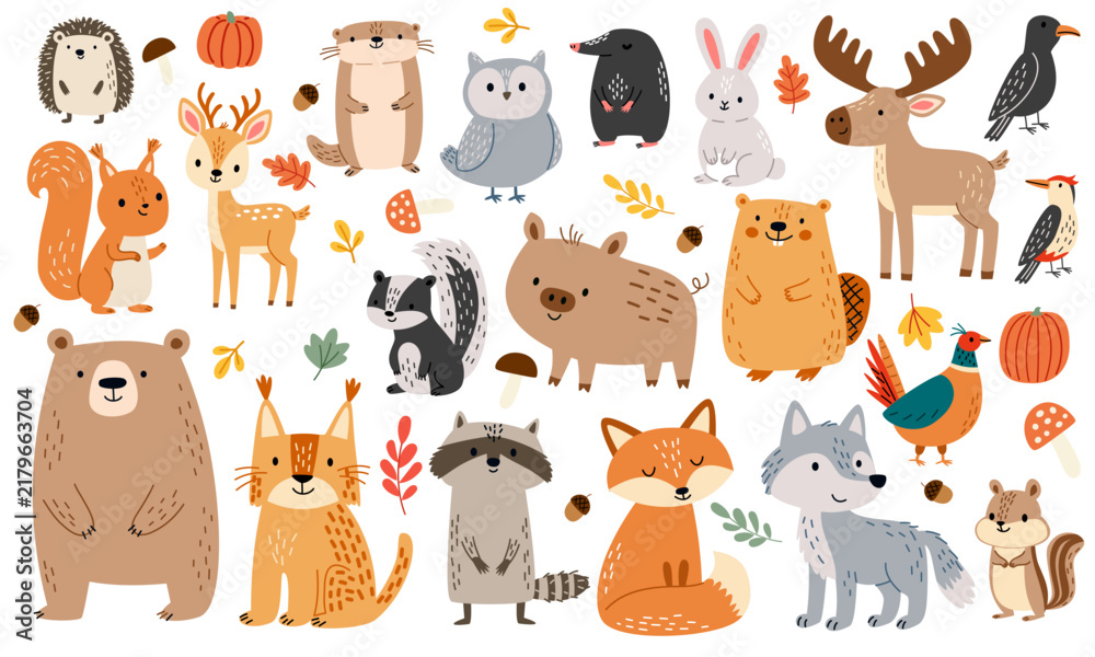 Fototapeta premium Forest animals collection, cute woodland wildlife characters isolated on white background, hand drawn flat vector illustration, autumn atmosphere, autumn leaves, mushrooms, and pumpkins. Vector