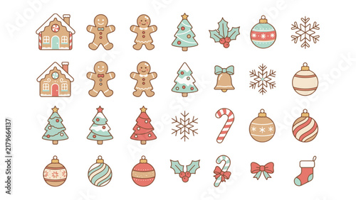 Cute Christmas Elements and Gingerbread House Color Icon Set Vector