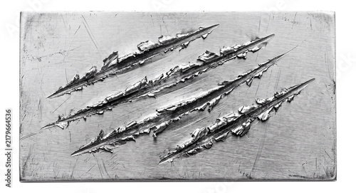 deep sharp claw scratch marks on a brushed metal plate on a transparent background
