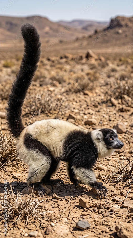 Obraz premium Black and white ruffed lemur (Varecia variegata) walking in a rocky desert landscape