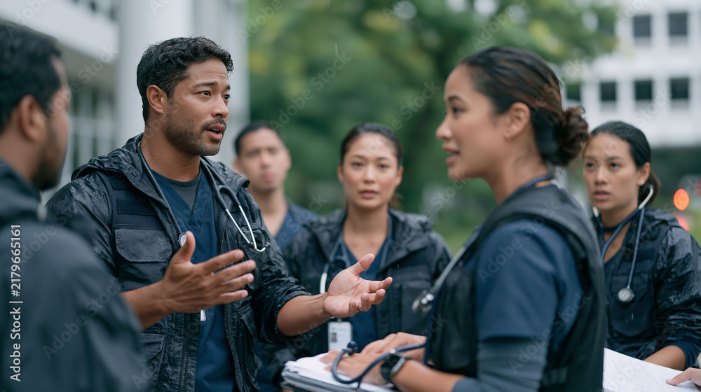 Obraz premium A team of emergency medicine residents in rain soaked scrubs outside a hospital entrance during a shift handover, animated case discussion continuing despite the downpour,