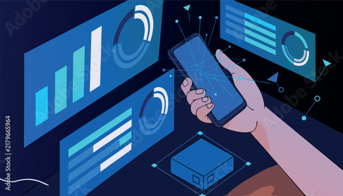 Hand Holding Smartphone With Data Analytics And Charts On A Dark Blue Background Vector