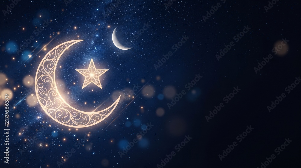 Naklejka premium Crescent moon and star on dark blue night sky, glitter bokeh dust and sparkle light with copy space for Ramadan Eid greeting cards, banners, and posters.