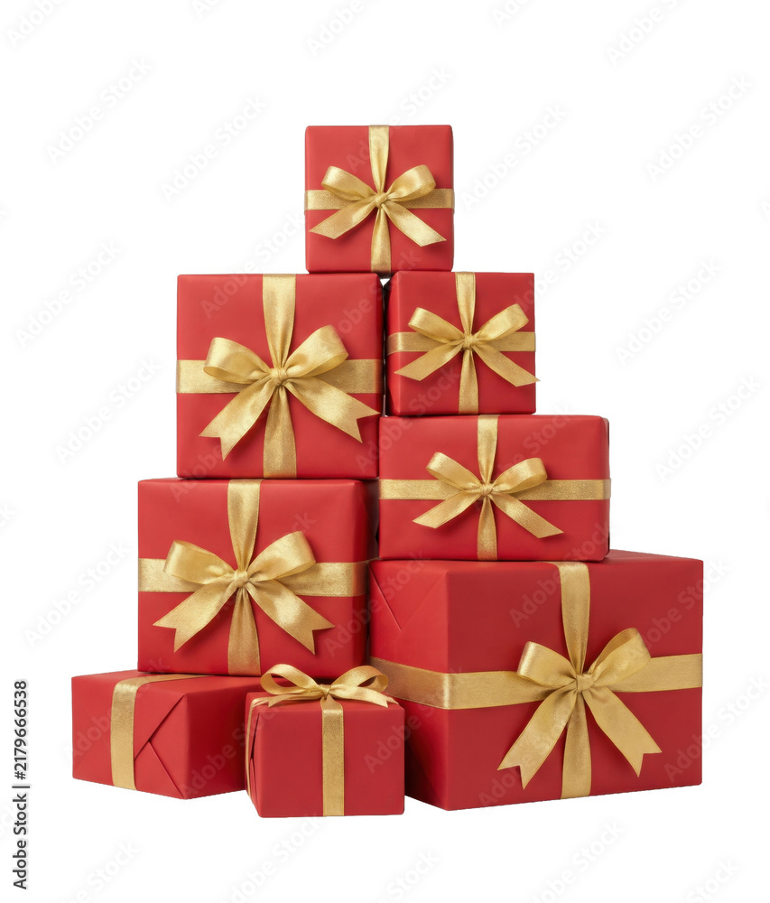 Fototapeta premium Stack of red gift boxes with gold ribbon for holiday celebrations