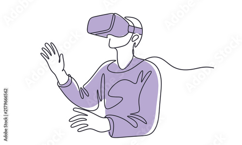 Continuous line drawing of a person wearing a virtual reality headset exploring digital worlds.
