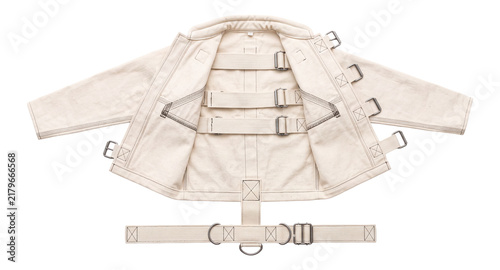 open white canvas straitjacket with metal buckles and restraint straps on a transparent background