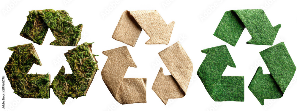 © Kemedo - Three recycling symbols made of natural materials like moss and cardboard