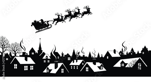 Santa claus and reindeer pulling a sleigh over a town black silhouette