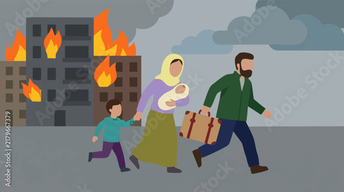 Принти на полотні Family running from burning city, war, displacement, refugees