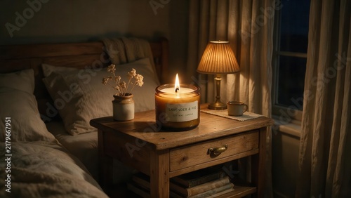Cozy Bedroom Scene with Lit Candle, Lamp, and Nighttime View through Window