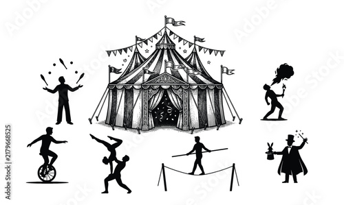 Vintage Circus Icon Set with Tent, Juggler, Acrobats, Tightrope Walker, Unicyclist and Magician Silhouettes