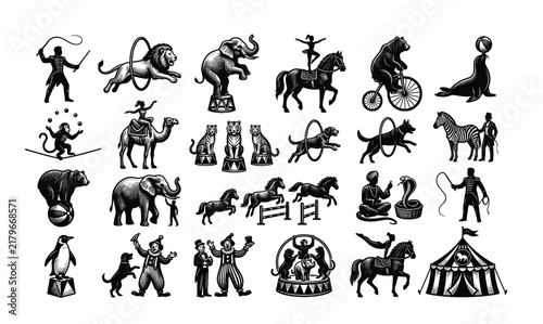 Circus Animal Show Icon Set Featuring Lion Elephant Tiger Bear Horse Trainer Ringmaster Vintage Performers Illustration