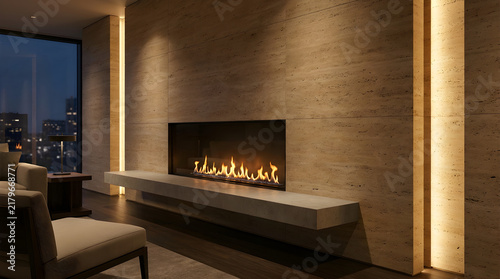 Modern luxury living room with cozy fireplace for elegant interior design and festive holiday decor.