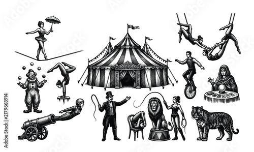 Set of black circus featuring a big tent, tightrope walker, trapeze artist, clown, juggler, unicyclist, acrobat, ringmaster, lion tamer, fortune teller, contortionist, and human cannonball