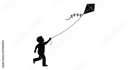 Bild auf Leinwand Boy running with a kite against a white background black silhouette child