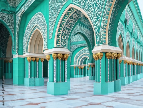 Vibrant teal mosque interior with ornate arches and columns