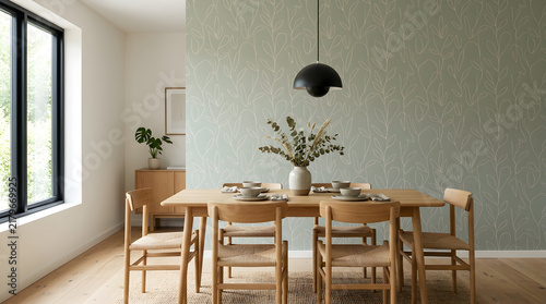 Modern minimalist dining room interior for home decor, real estate, and lifestyle design projects